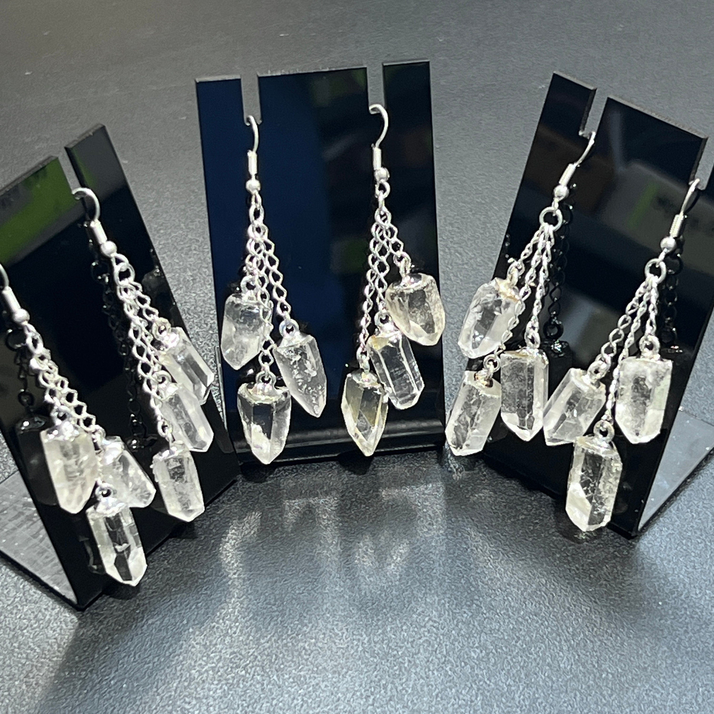 Quartz Crystal Long Earrings Pair (Silver Plated) Triple Dangle Jewelry