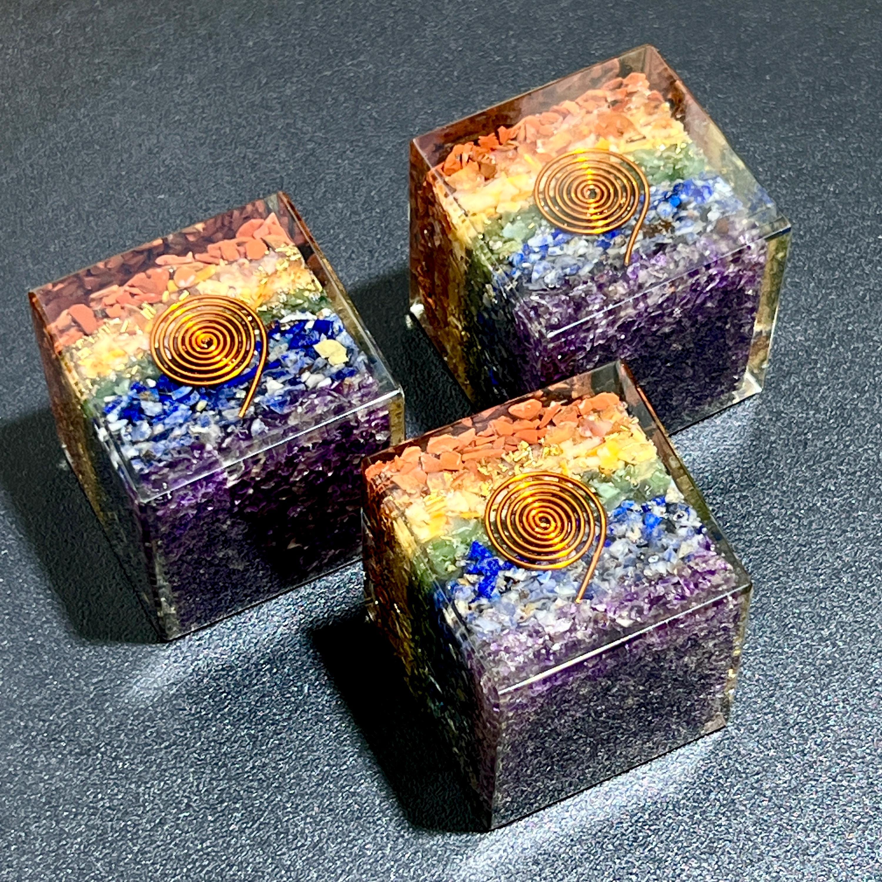 Large 7-Stone Crystal Resin Orgone Cube Reiki Chakra Carving