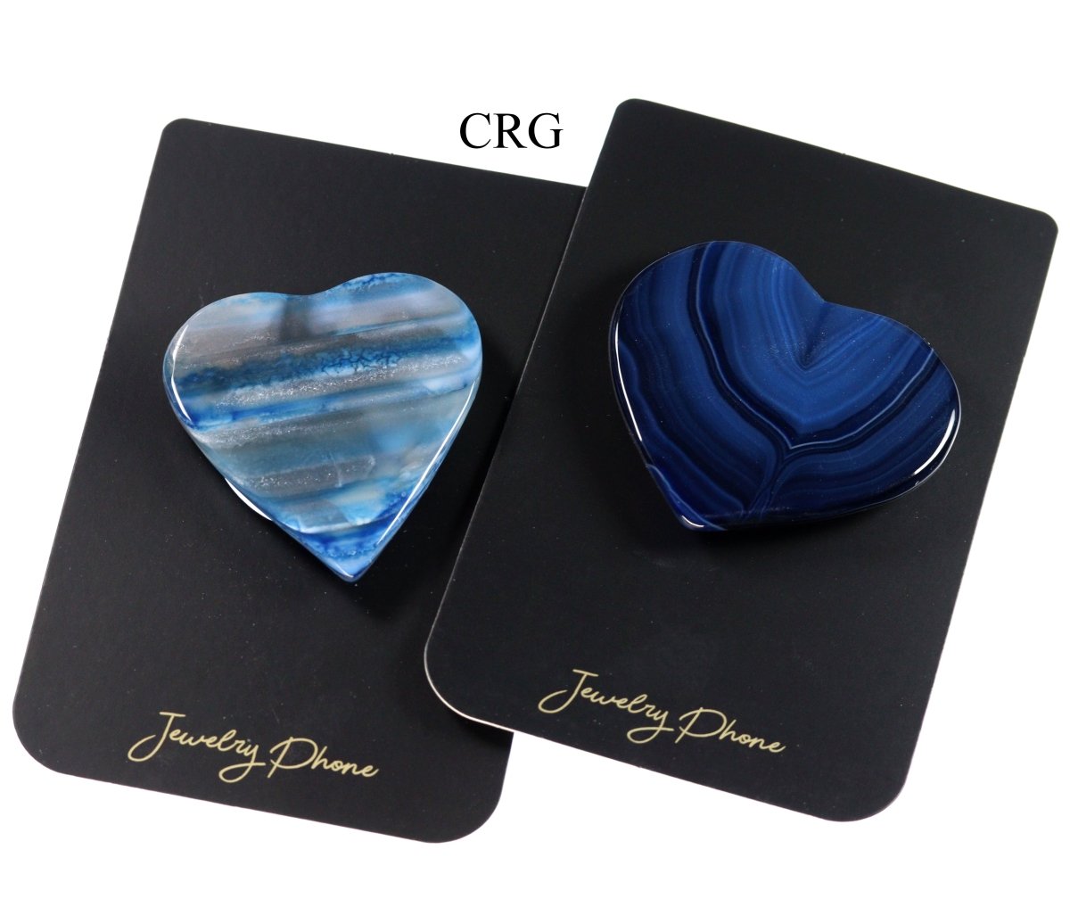 LOT OF 4 - Polished BLUE Agate Slice Heart Phone Grips / 2-3" AVG