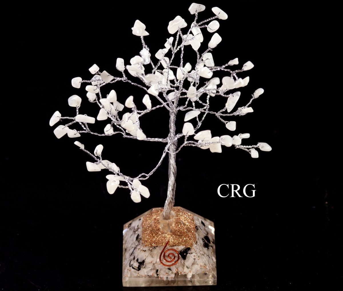 QTY 1 - Rainbow Moonstone 100 Chip Tree with Orgonite Pyramid Base / 7.5" AVG