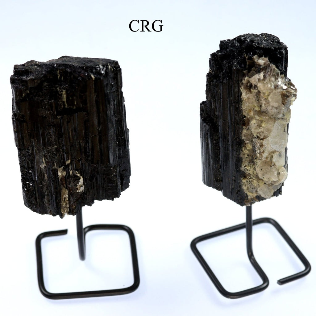 SET OF 2 - Black Tourmaline Specimen on Metal Stand / 3-4" AVG