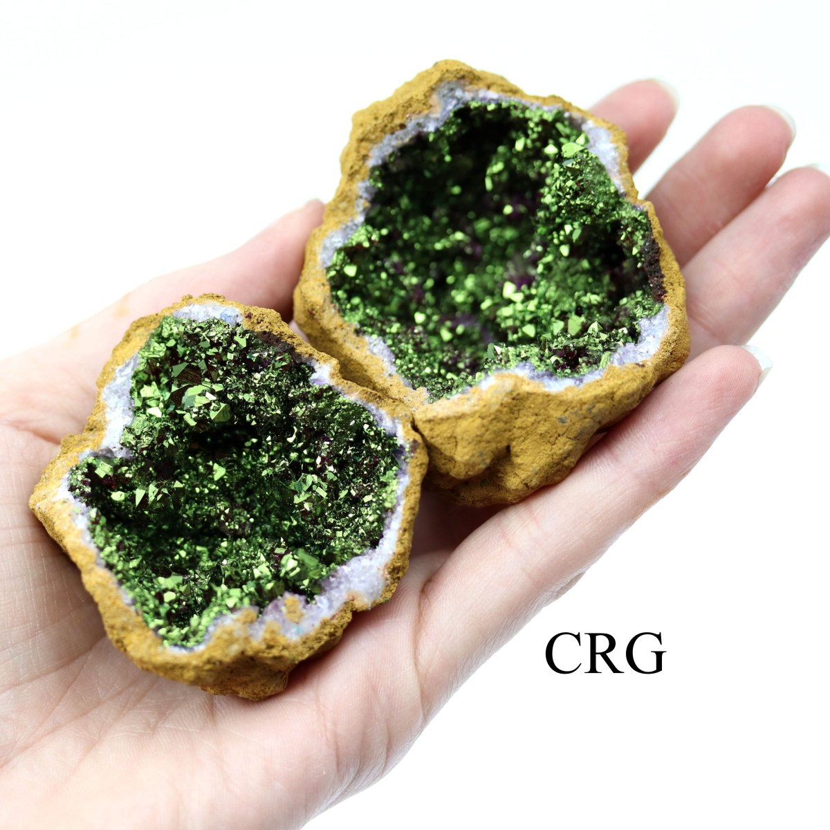 SET OF 2 - Green Titanium Coated Geode Half Pairs