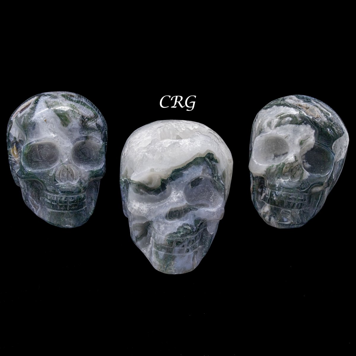 Set of 2 Moss Agate Skulls - 3" in