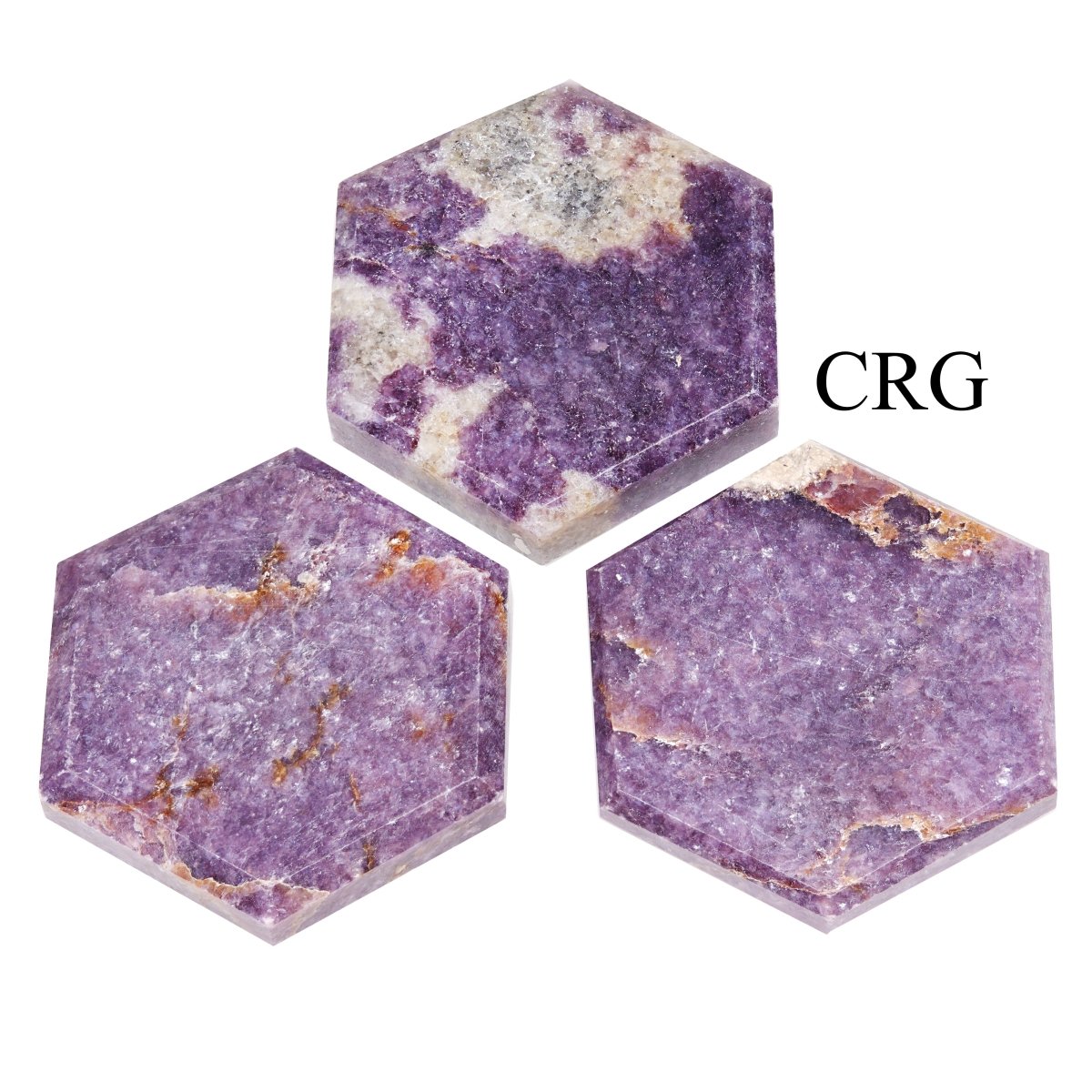 SET OF 3 - Flat Lepidolite Gemstone Hexagon Palm Stone / 2" AVG