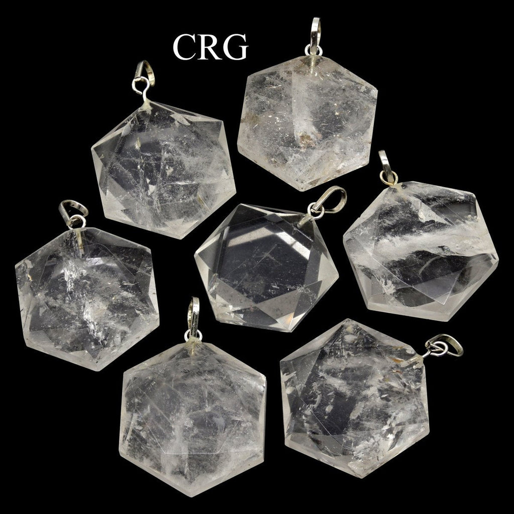 SET OF 4 - Crystal Quartz Faceted Hexagon Pendant with Silver Bail / 1" AVG