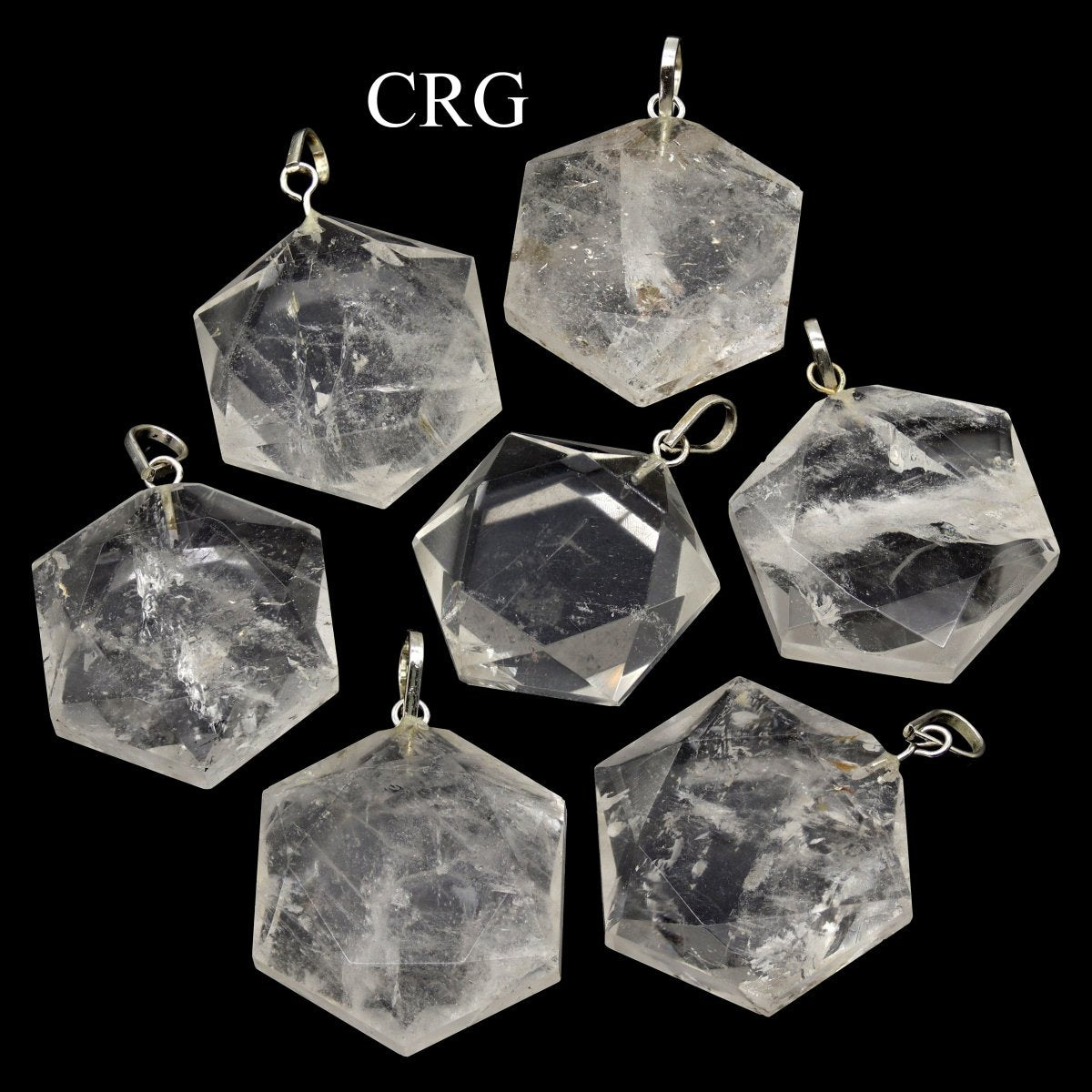 SET OF 4 - Crystal Quartz Faceted Hexagon Pendant with Silver Bail / 1" AVG