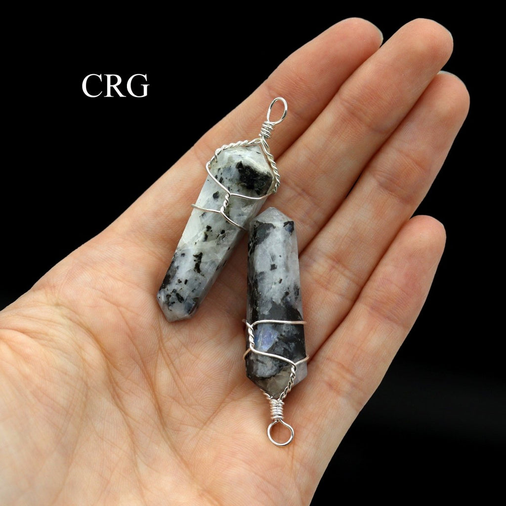 SET OF 5 - Rainbow Moonstone Double Terminated Point Pendant with Silver Plated Wire / 1" AVG