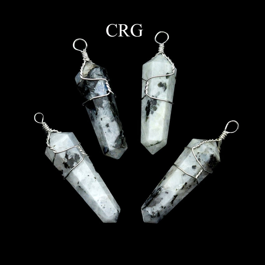 SET OF 5 - Rainbow Moonstone Double Terminated Point Pendant with Silver Plated Wire / 1" AVG