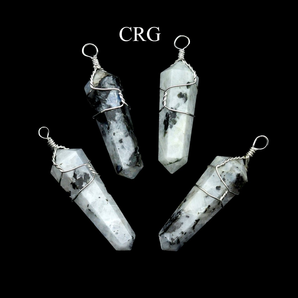 SET OF 5 - Rainbow Moonstone Double Terminated Point Pendant with Silver Plated Wire / 1" AVG
