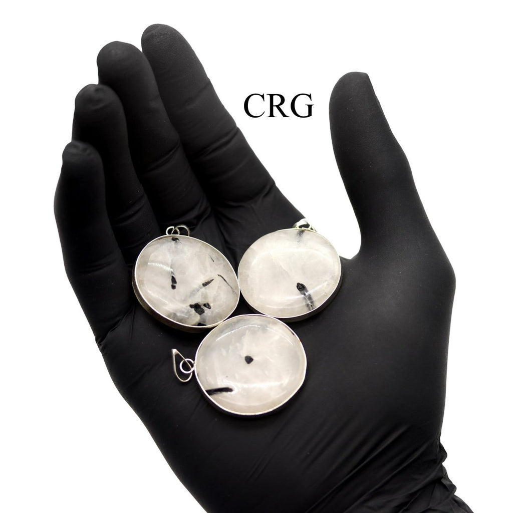 Tourmalated Quartz Round Cabochon Pendant with Silver Plating (4 Pieces) Size 1 Inch (INJD)